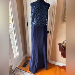 Elegant Blu Sage Navy Blue With Lace Overlay Evening Gown size 8 NWT